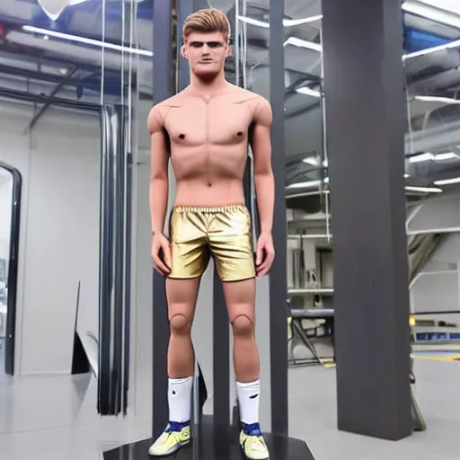 Image similar to a realistic detailed photo of a guy who is an attractive humanoid who is half robot and half humanoid, who is a male android, soccer players timo werner, shiny skin, posing like a statue, blank stare, in a factory, on display, showing off his muscles, gold soccer shorts, side view