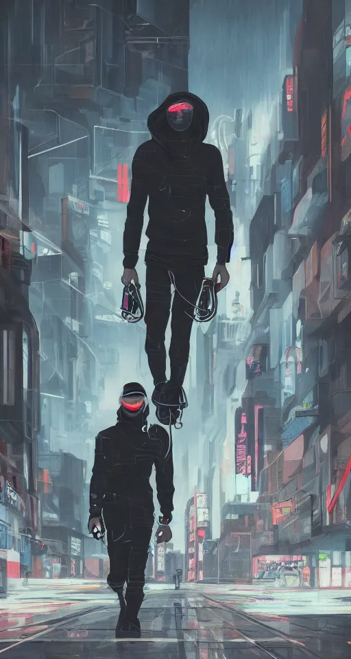 Image similar to concept art portrait of male cyberpunk walking through futuristic town