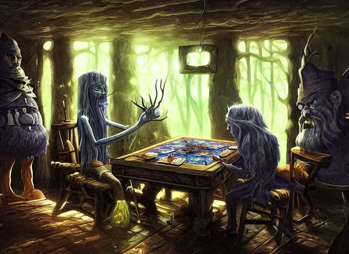 Prompt: interior of a dark cabin. a leshy forces you to play a tabletop card game. painting by dan volbert and mandy jurgens and deiv calviz and lim chuan shin