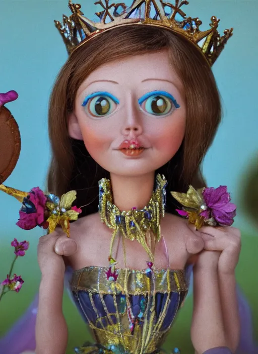 Image similar to closeup face profile portrait of a tin toy shelley duvall as a fairytale princess wearing a crown eating cakes, bikini, depth of field, zeiss lens, detailed, symmetrical, centered, fashion photoshoot, by nicoletta ceccoli, mark ryden, lostfish, breathtaking, 8 k resolution, extremely detailed, beautiful, establishing shot, artistic, hyperrealistic, octane render