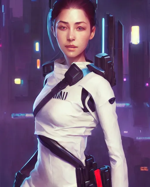 Image similar to nami, young female swat officer, neon, cyberpunk, futuristic, white top, black vest, stunning, highly detailed, digital painting, smooth, soft focus, illustration, 4 k digital art from artstation by artgerm and greg rutkowski and alphonse mucha