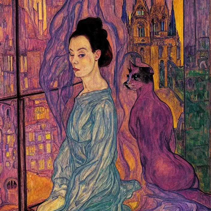 Image similar to close portrait of woman in transparent vaporous night gown with cat and iris, with city with gothic cathedral seen from a window frame with curtains. sun through the clouds, vivid iridescent psychedelic colors. munch, egon schiele, henri de toulouse - lautrec, utamaro, monet