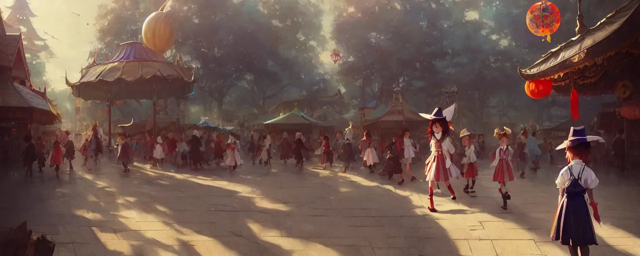 Prompt: young student witch wearing magic school uniform patrolling around small town carnival amusement, food stalls, big top circus tent, highly detailed, magical, japan, digital painting, concept art, matte, art by ruan jia and wlop and greg rutkowski and makoto shinkai, masterpiece