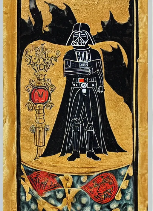 Prompt: Darth Vader in a page from from an illuminated manuscript, gold leaf, high detail