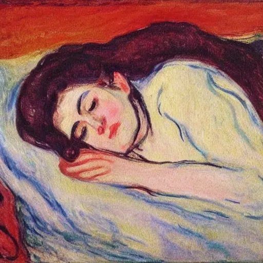 Prompt: lady with brown hair can't sleep because husband in is snoring in bed, expressive oil painting by edvard munch and claude monet