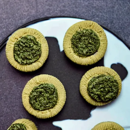 Prompt: gourmet oreos with pesto flavored filling