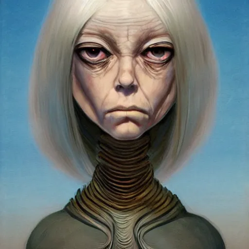 Image similar to portrait of small, rubbery, huge-eyed, big-lipped albino mutant priestess with elaborate white hair; Dune concept art by Anato Finnstark, Margaret Keane, Greg Rutkowski, and Studio Ghibli