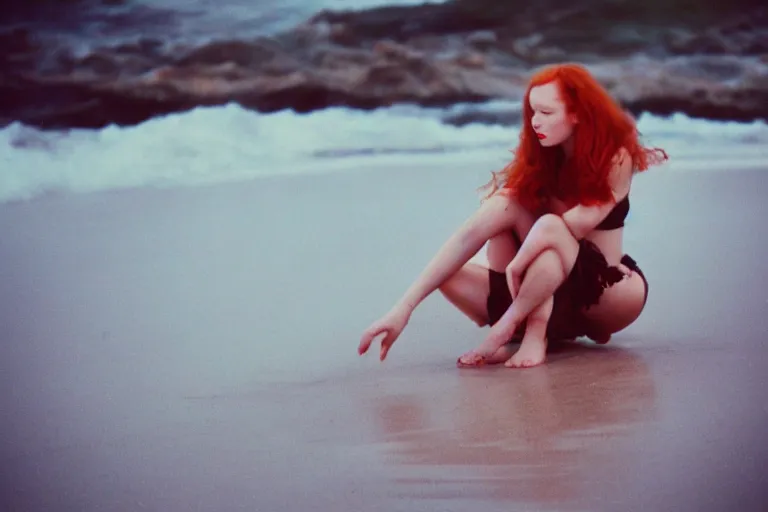 Image similar to 35mm color lomography, beautiful ideal sensual tender redhead woman, on the lonely beach