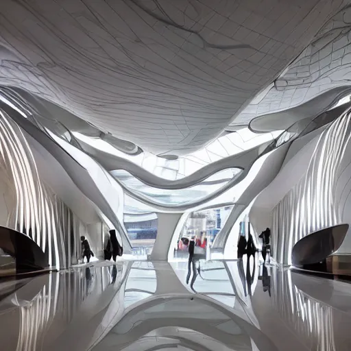 Prompt: extremely elegant detailed stunning beautiful futuristic museum lobby interior by Zaha Hadid