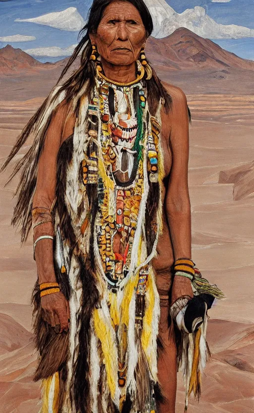 Image similar to full body shot picture of indigenous people woman leader in desert, painted by lucian freud, hd, super detailed, realistic, muted colors