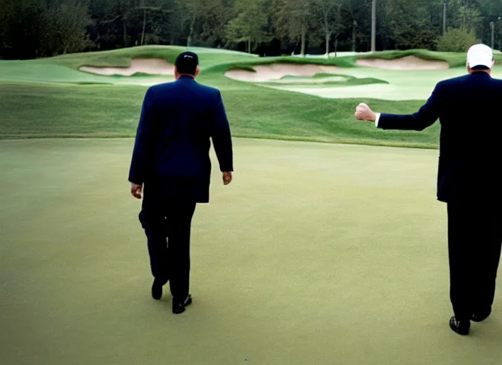 Prompt: front view of a single Donald Trump with hands behind back taken away by two young FBI agents wearing uniforms at golf course, photo by Alex Webb, photo by James Nachtwey