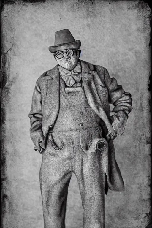 Image similar to ronald mcdonald, portrait, full body, symmetrical features, silver iodide, 1 8 8 0 photograph, sepia tone, aged paper, sergio leone, master prime lenses, cinematic