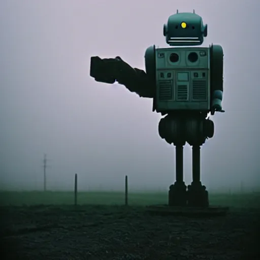 Image similar to the liminal observer droid by dennis mejillones, in a brutalist yet rural landscape by simon stalenhag, 3 5 mm film photography, dawn, eerie fog