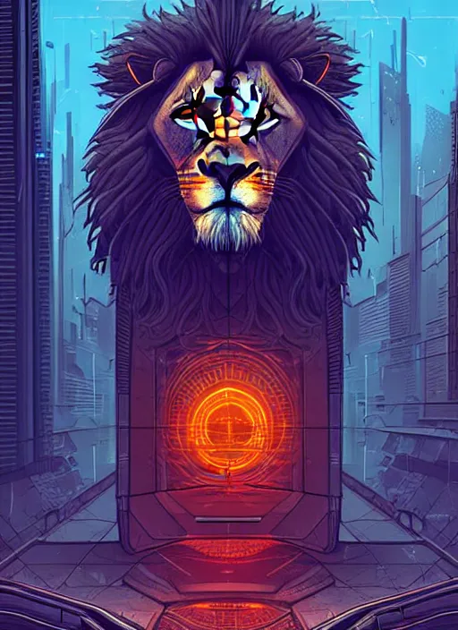 Image similar to a lion in cyberpunk city abandoned by dan mumford, center frame singular high fantasy character concept art symmetrical features, digital painting, sharp focus, illustration