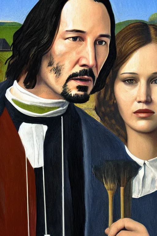 Image similar to painting of Keanu Reeves and Jennifer Lawrence as the couple in American Gothic in the style of Grant Wood