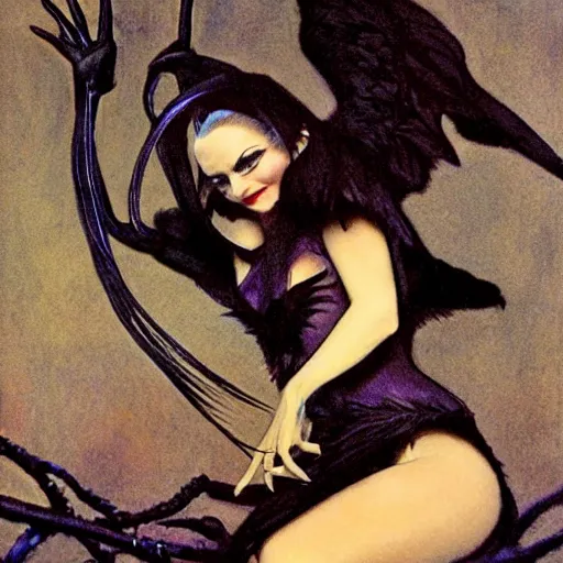 Prompt: dark swan queen, black feathers instead of hair, feathers growing out of skin, black fingers with black claws, bird feet, black bodysuit, disney villain, dark fae, moulting, suspended in zero gravity, on spaceship with cables hanging down, highly detailed, mike mignogna, ron cobb, mucha, oil painting