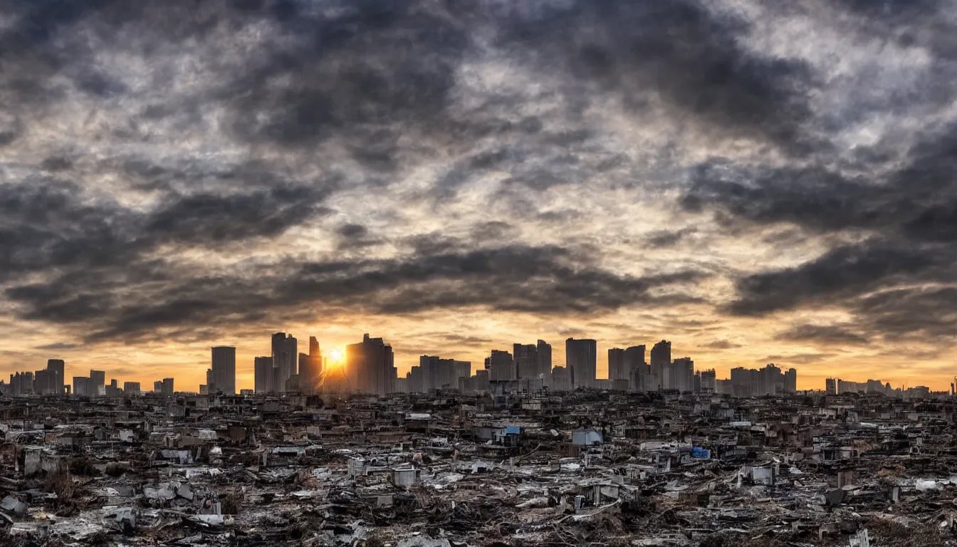 Image similar to A decaying high-tech city, sparse signs of human activity. Day break. Dramatic sky. 4K.