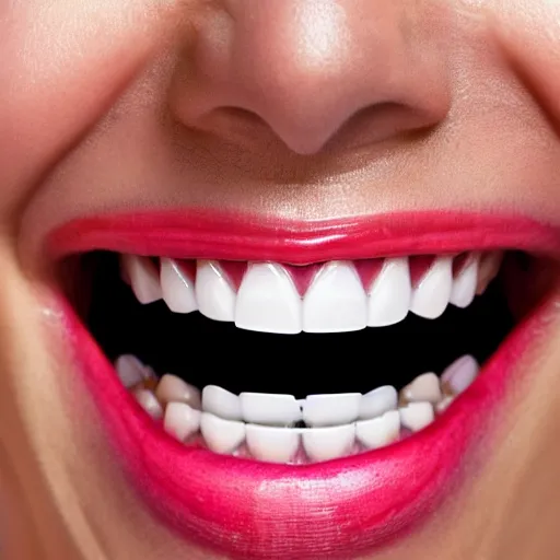 Image similar to A close-up of a smile, with the teeth and gums painted in bright colours.