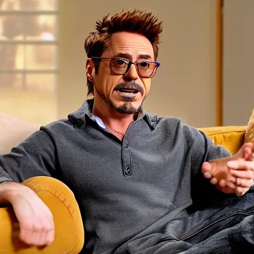 Prompt: a photo of a man sitting on his couch watching robert downey jr interview