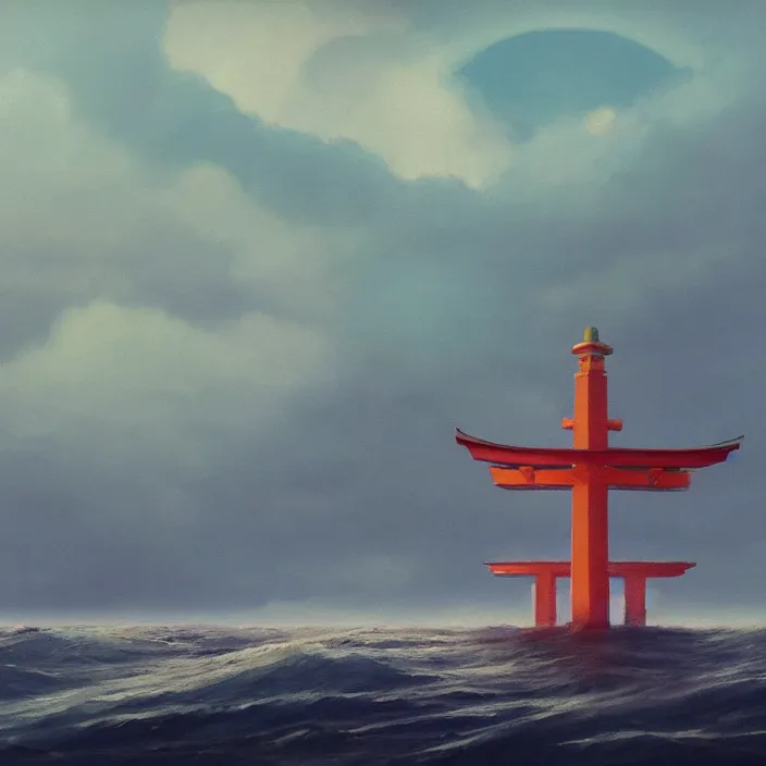 Prompt: a beautiful painting of a torii at sea by simon stalenhag and zdzisław beksinsk and greg rutkowski, in style of digital art. hyper detailed, sharp focus, soft light. octane render. ray tracing. trending on artstation