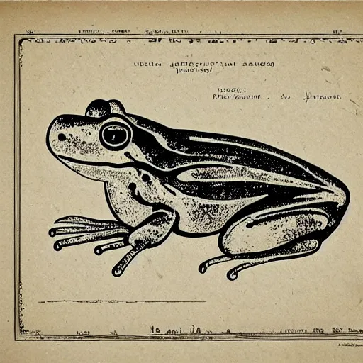 Prompt: full page antique lithograph blueprint of frogs, White background, art print, clean brush stroke