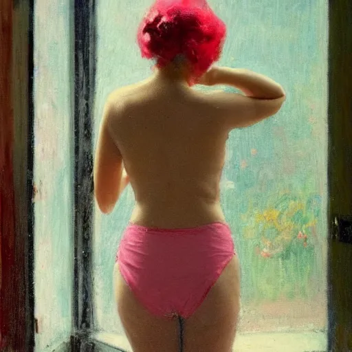 Prompt: A woman looking through a rainy window, back view, wide shot, pink string bikini, modest, 1950s, americana, award-winning, warm colors, by Ilya Repin, deviantart
