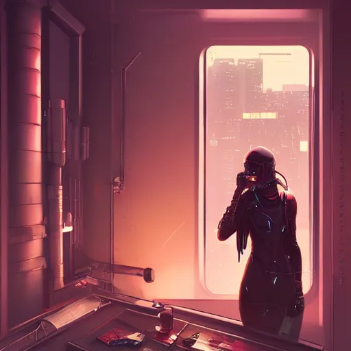 Prompt: art by wlop, portrait of cyberpunk woman looking out of a window, cyberpunk setting, futuristic, highly detailed, intricate lighting, digital painting, sharp focus, illustration, trending on artstation.