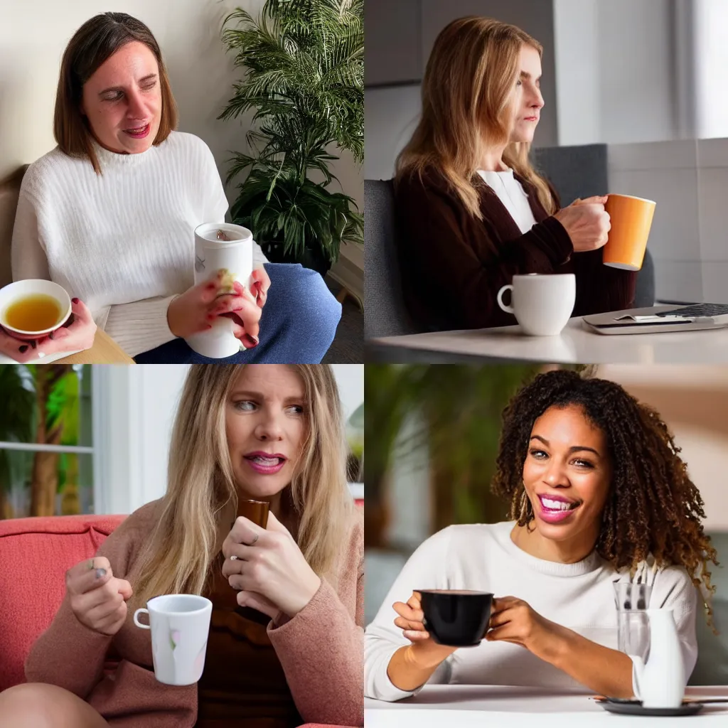 Prompt: white woman sipping tea enjoying internet drama she stirred up on twitter