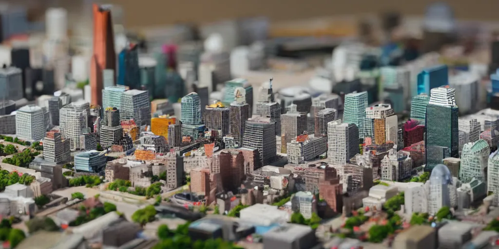 Image similar to a miniature diorama of downtown montreal with volcano mount - royal erupting, olympic stadium on fire, macro photography, tilt shift