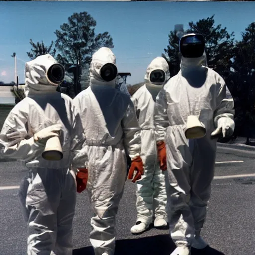 Prompt: a group of men wearing hazmat suits, holding ice cream cones, sunny day, arriflex 35