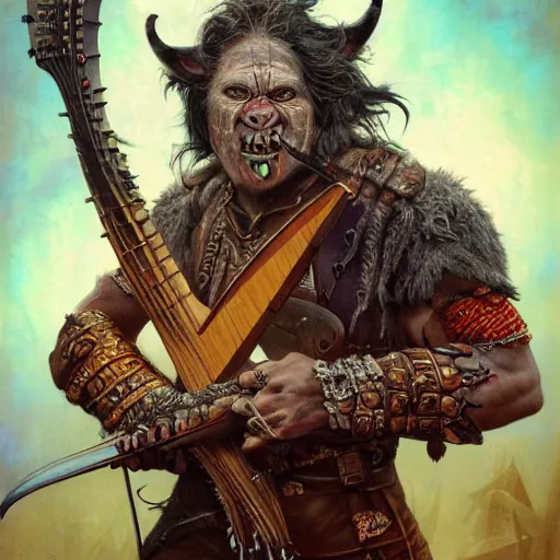 Image similar to detailed photo of a orc bard portrayed by Gary Busey witha lute, 8k,by Tristan Eaton, Stanley Artgermm, Tom Bagshaw, Greg Rutkowski, Carne Griffiths, trending on DeviantArt, face enhance, hyper detailed ,full of color, dramatic lightning, epic stance