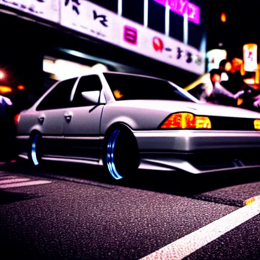 Image similar to a car JZX100 at illegal car meet, Shibuya prefecture, city midnight mist, cinematic color, photorealistic, highly detailed, 200MM