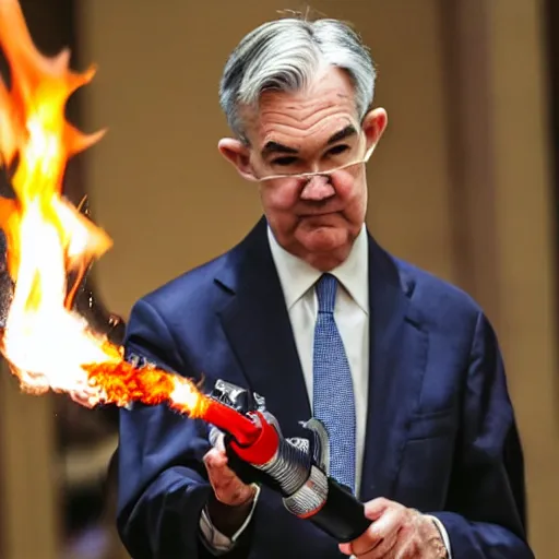 Image similar to detailed photo of Jerome Powell using a flamethrower