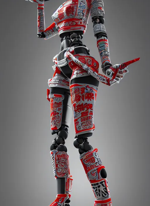 Image similar to full body photo of a punk geisha robot 2 1 savage with kanji tattoos and decals wearing a digital pixelated kimono, intricate design, photo - realistic, octane render, ultra fine detailed, character design, trending on artstation