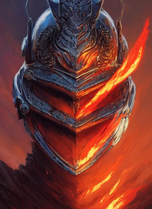 Image similar to highly detailed portrait of knight's helmet reflecting red dragon reflection detailed, 8 k blocking flames fire, green eyes, fantasy art by by simon bisley, loish, rhads, ferdinand knab, makoto shinkai and lois van baarle, ilya kuvshinov, rossdraws, tom bagshaw, global illumination, radiant light, detailed and intricate environment