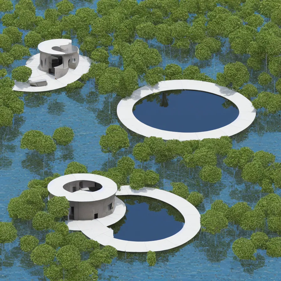 Image similar to architectural model, isometric view, 3 d render, studio lighting, low contrast, dark background, highly detailed, a circular house with circular courtyards floating on water at the sloping edge of a lake, tree