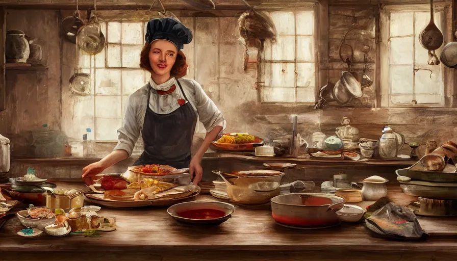 Prompt: babouchka cooking in old 1 9 0 0's wooden kitchen, pan and plates, hyperdetailed, artstation, cgsociety, 8 k