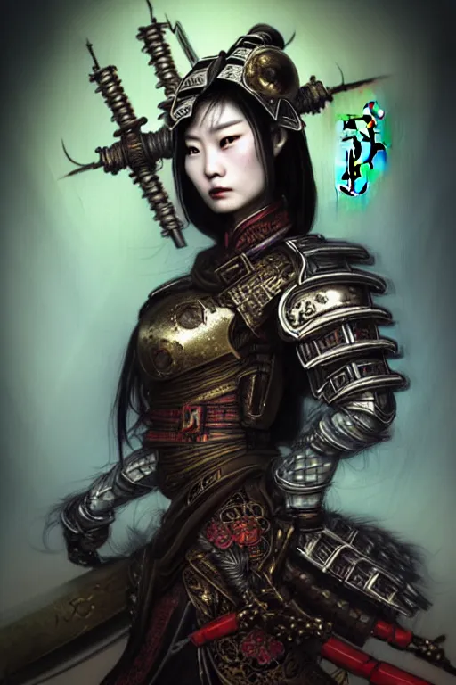 Image similar to beautiful and divine and luxury and evil and dieselpunklpunk three kingdom chinese female armor knight portrait+smoky eyes, ssci-fi, fantasy, neon light, inside the chinese temple, art and illustration by tian zi and craig mullins and WLOP and alphonse mucha, fantasy, intricate complexity, human structure, human anatomy, fantasy character concept, watermark, blurry, hyperrealism 8k