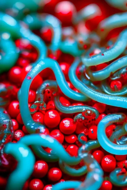 Image similar to high quality close-up photo translucent gelatinous worms! gorgeous red dots highly detailed hannah yata elson peter cinematic turquoise lighting high quality low angle hd 8k sharp shallow depth of field