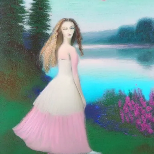 Prompt: a beautiful girl with a beautiful face wearing white dress, a dog, john martin landscape, lake evening, pastel pink and blue colors