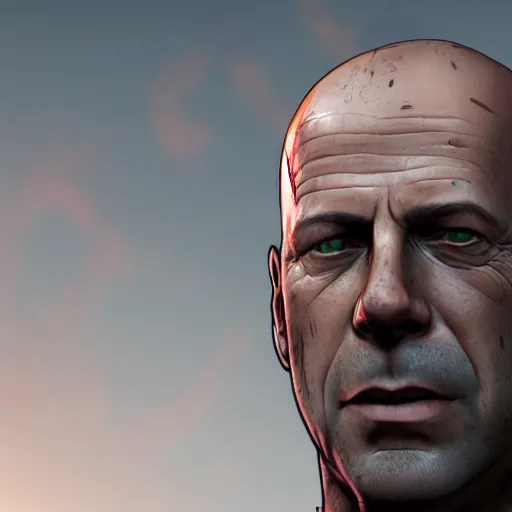 Image similar to bruce willis portrait, borderlands, tales from the borderlands, the wolf among us, comic, cinematic lighting, studio quality, 8 k