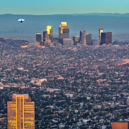 Prompt: actual photograph of UFO hovering over LA, award winning, golden hour,