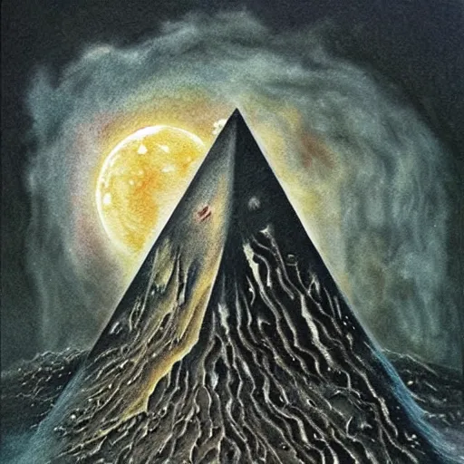 Image similar to rotten moon, airbrush, watercolor, dripping paint, dichromatism, extradimensional, hyperpyramid, klein bottle, by h. r. giger, by john constable, by laurie lipton, by tony diterlizzi, by wlop