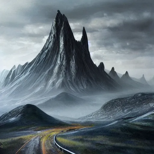 Prompt: the road to mordor, artstation hall of fame gallery, editors choice, #1 digital painting of all time, most beautiful image ever created, emotionally evocative, greatest art ever made, lifetime achievement magnum opus masterpiece, the most amazing breathtaking image with the deepest message ever painted, a thing of beauty beyond imagination or words