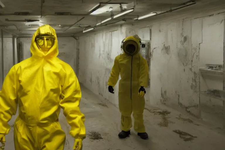 Prompt: a giant sci-fi horror meat monster in a creepy bunker science lab, a single man in a yellow hazmat suit looks on helplessly