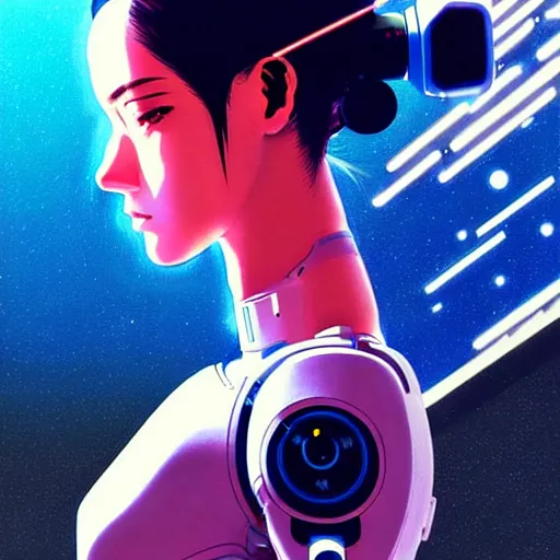 Image similar to side portrait scifi cyborg girl with robotic parts and spacesuit | | head only in center of image, audrey plaza, fine detail!! anime!! realistic shaded lighting!! poster by ilya kuvshinov katsuhiro otomo ghost - in - the - shell, magali villeneuve, artgerm, jeremy lipkin and michael garmash and rob rey