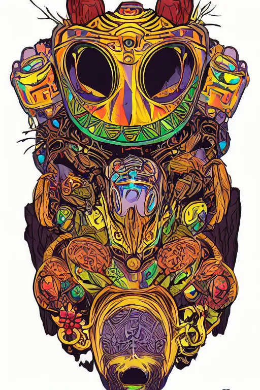 Image similar to animal mask totem roots flower tribal feather gemstone plant wood rock shaman vodoo video game vector cutout illustration vivid multicolor borderlands comics by josan gonzales and dan mumford radiating a glowing aura