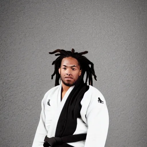 Prompt: photo of chubby black bjj athlete with long dreads posing, serious face, white belt, professional photo