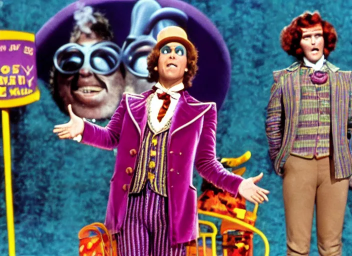Image similar to film still of Will Farrel as Willy Wonka in Willy Wonka and the Chocolate Factory 1971