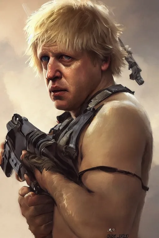 Image similar to Boris Johnson as Rambo First Blood, Boris Johnson hairstyle, masculine figure, highly detailed, digital painting, artstation, concept art, smooth, sharp focus, illustration, cinematic lighting, art by artgerm and greg rutkowski and alphonse mucha